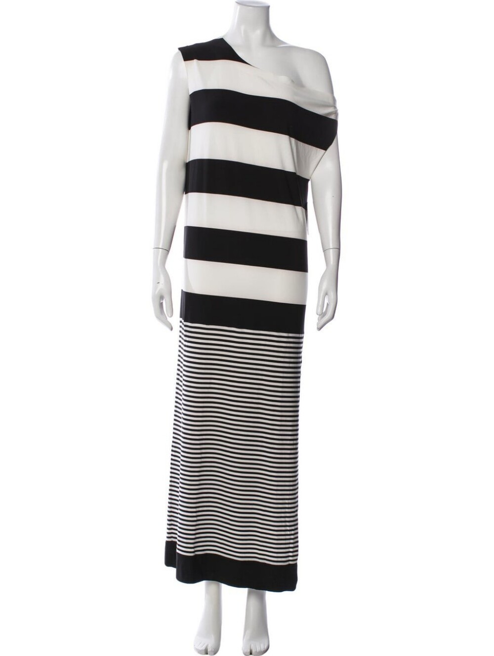 Norma Kamali One-Shoulder Black & White Striped Maxi Dress Side Slit. Sz.XS. NWT